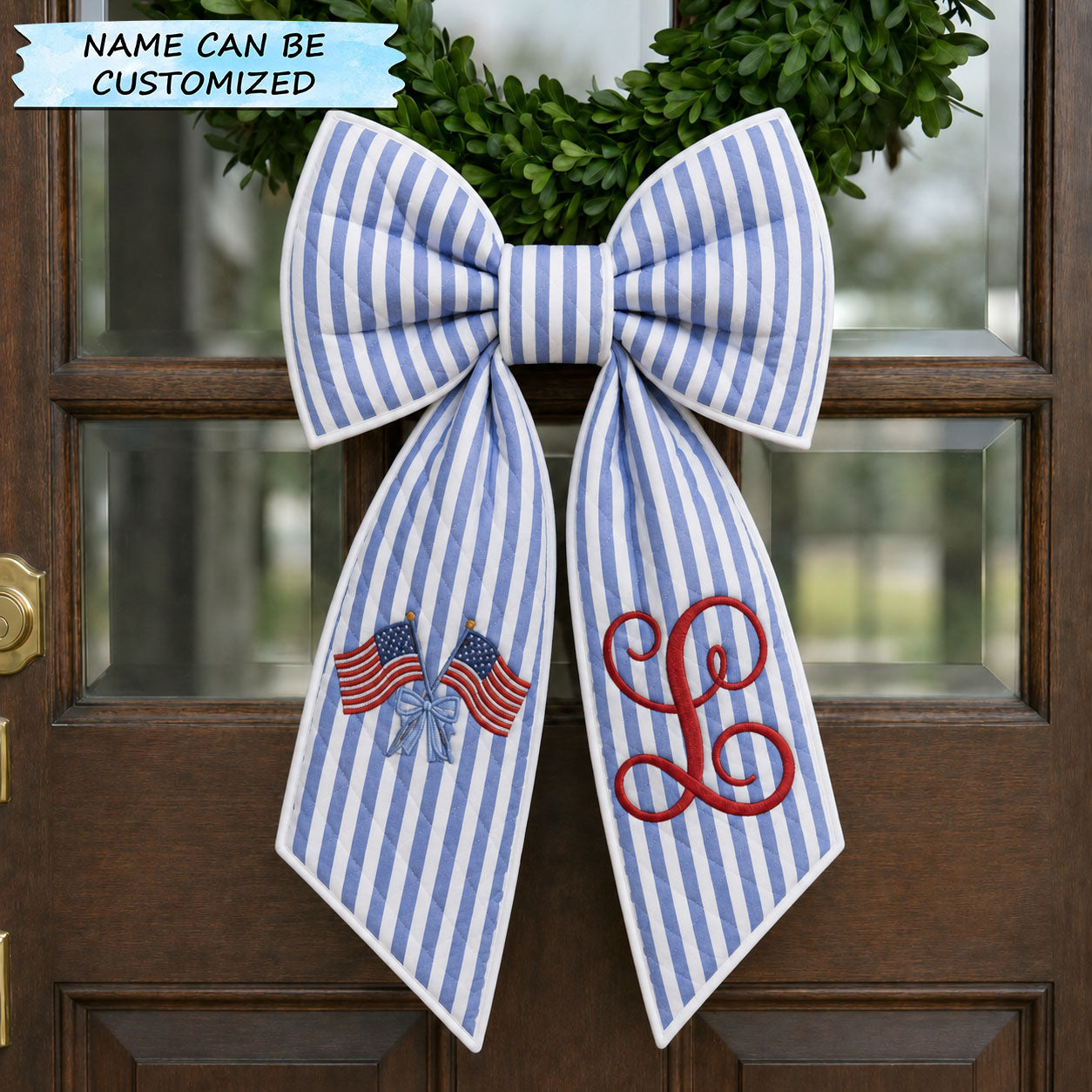 Personalized Patriotic Blue Stripe Monogram Quilted Wreath Sash QTCUZ GFTOHNL691
