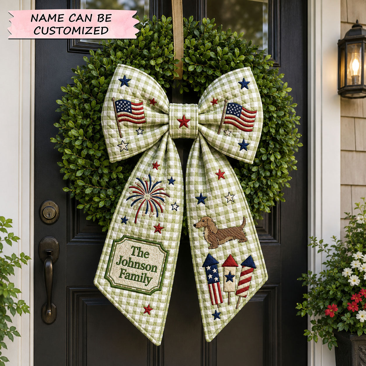 Personalized Green Gingham Dachshund Quilted Wreath Sash QTCUZ GFTOHNL718