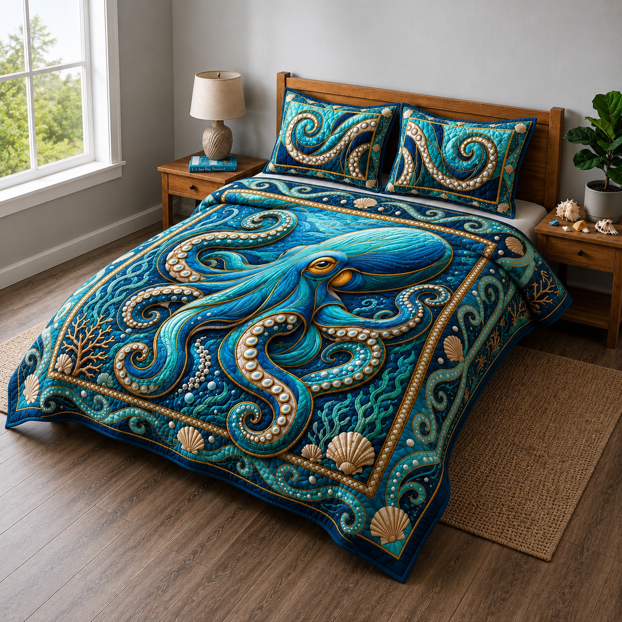 Pearl Tentacle Ocean 3-Piece Quilted Bedding Set GDTONTD535