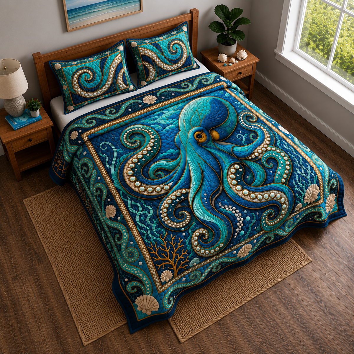 Pearl Tentacle Ocean 3-Piece Quilted Bedding Set GDTONTD535