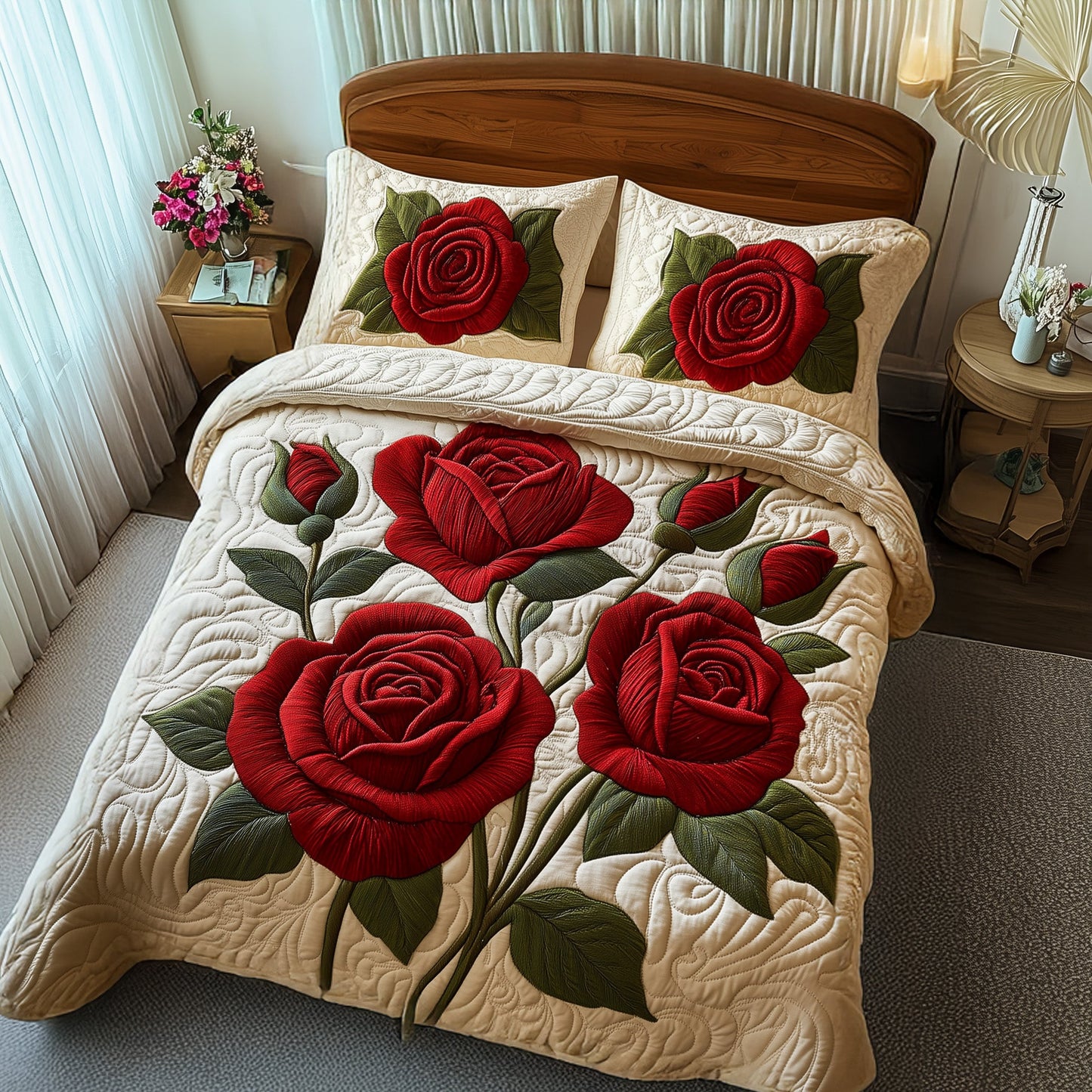 Timeless Scarlet Bloom 3-Piece Quilted Bedding Set GFTOTP5517