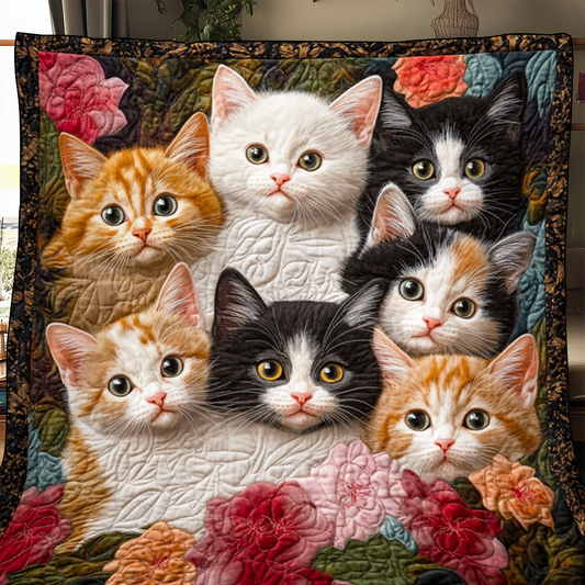 Adorable Cute Lazy Cat Floral Theme Quilted Blanket FCNL05
