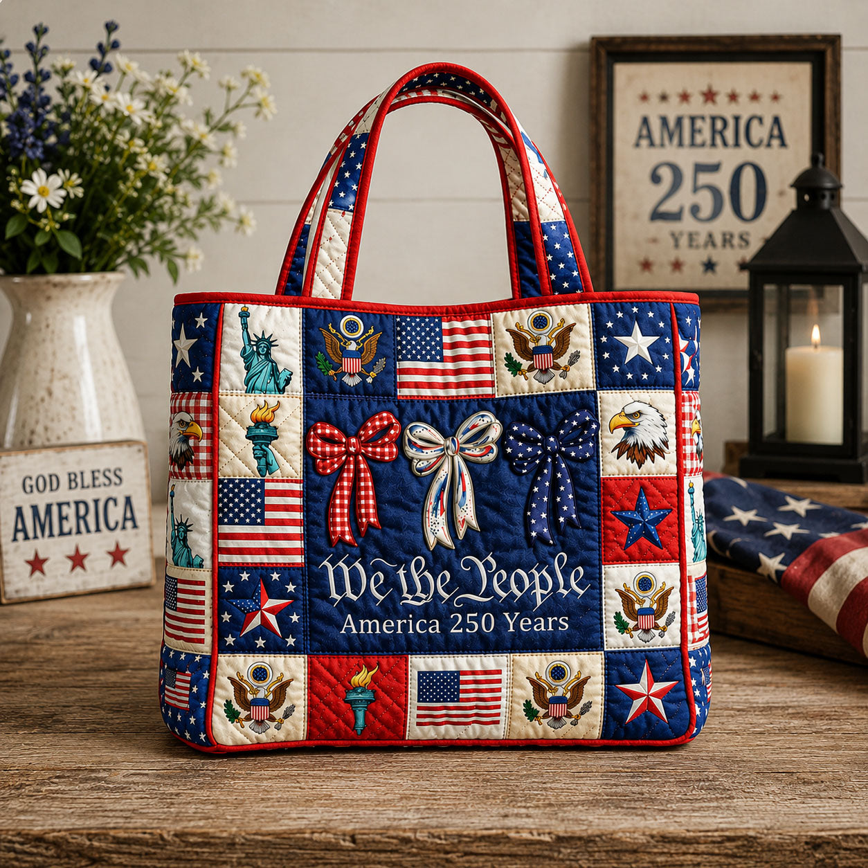Americana Ribbon Bow Quilted Tote Bag GFTOHNL64