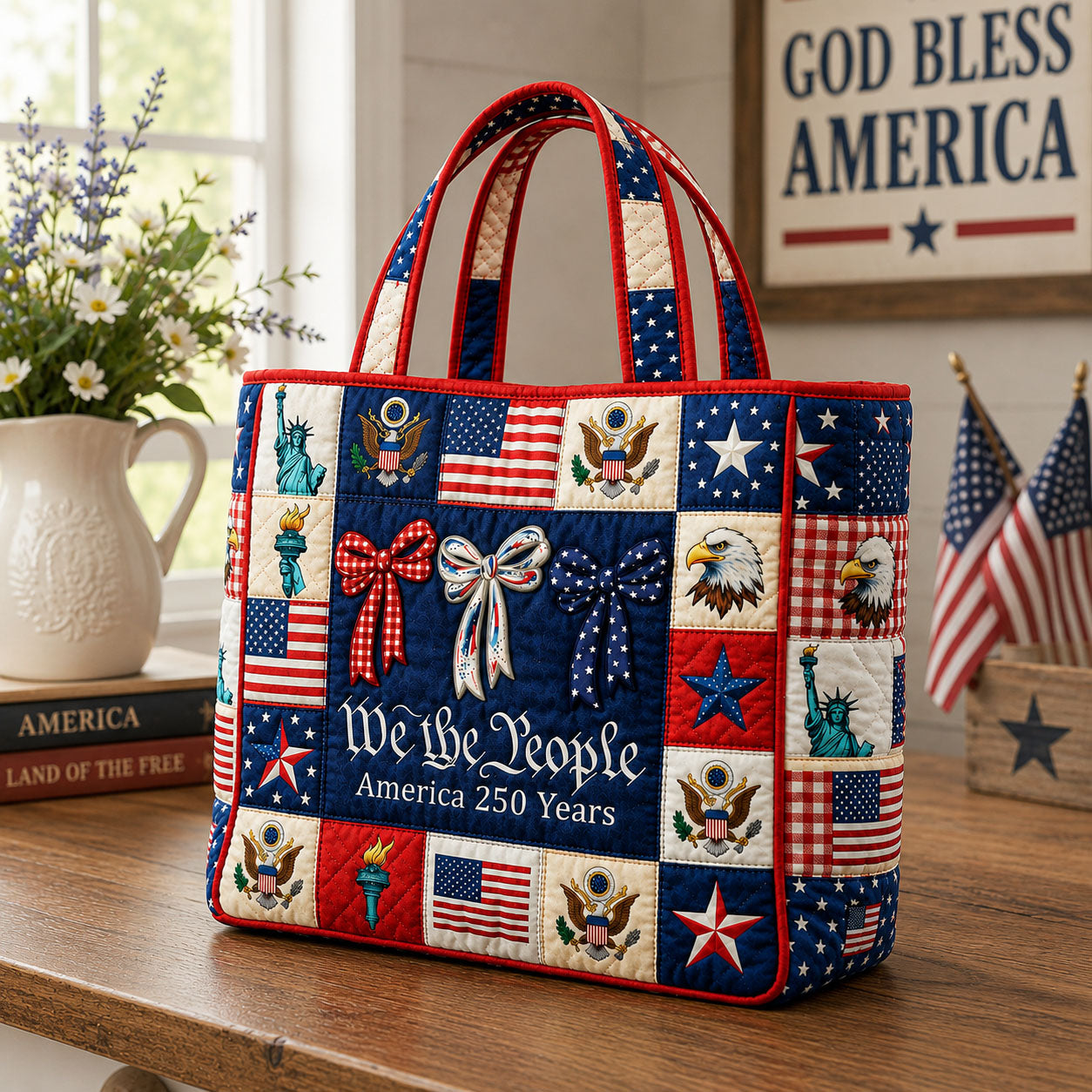 Americana Ribbon Bow Quilted Tote Bag GFTOHNL64