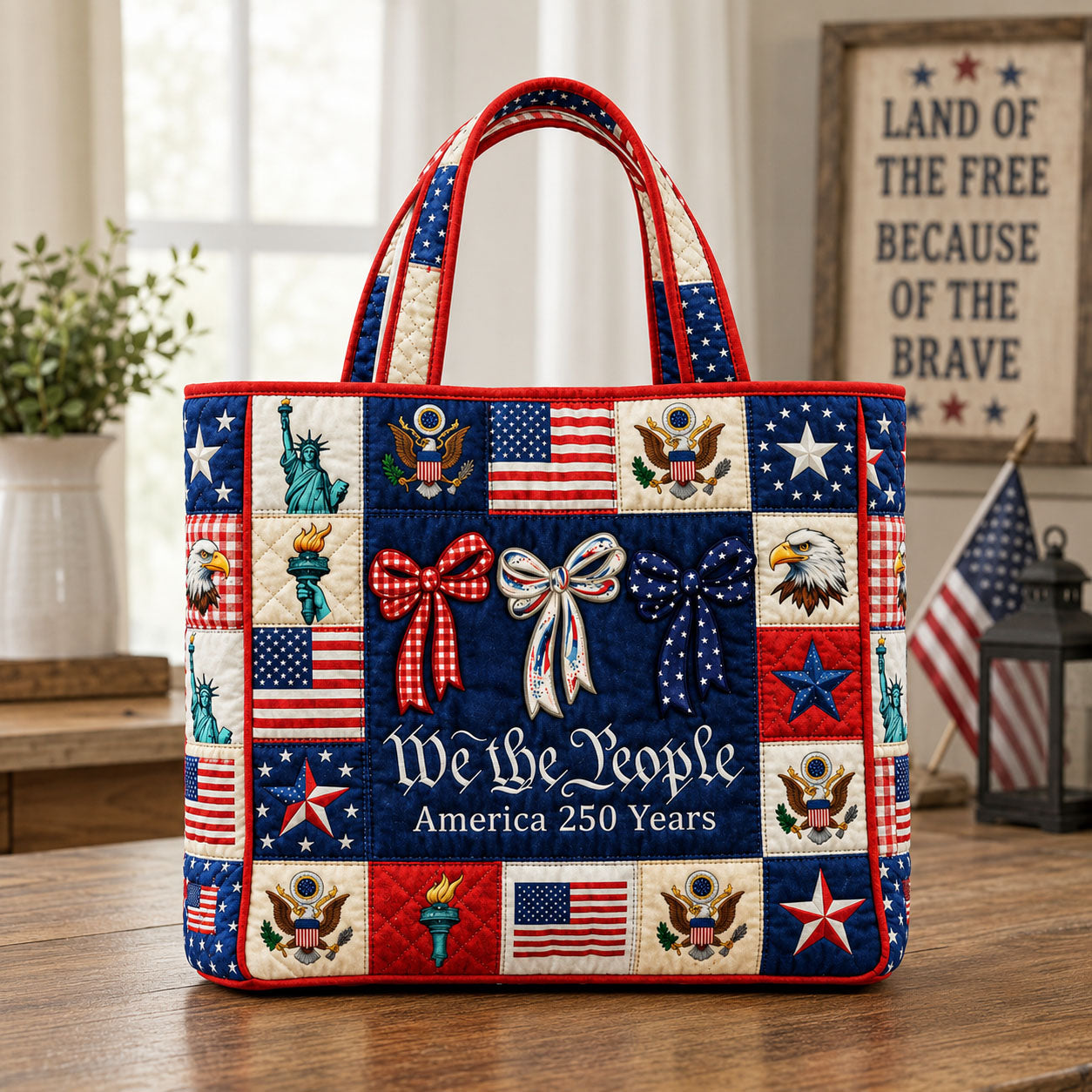 Americana Ribbon Bow Quilted Tote Bag GFTOHNL64
