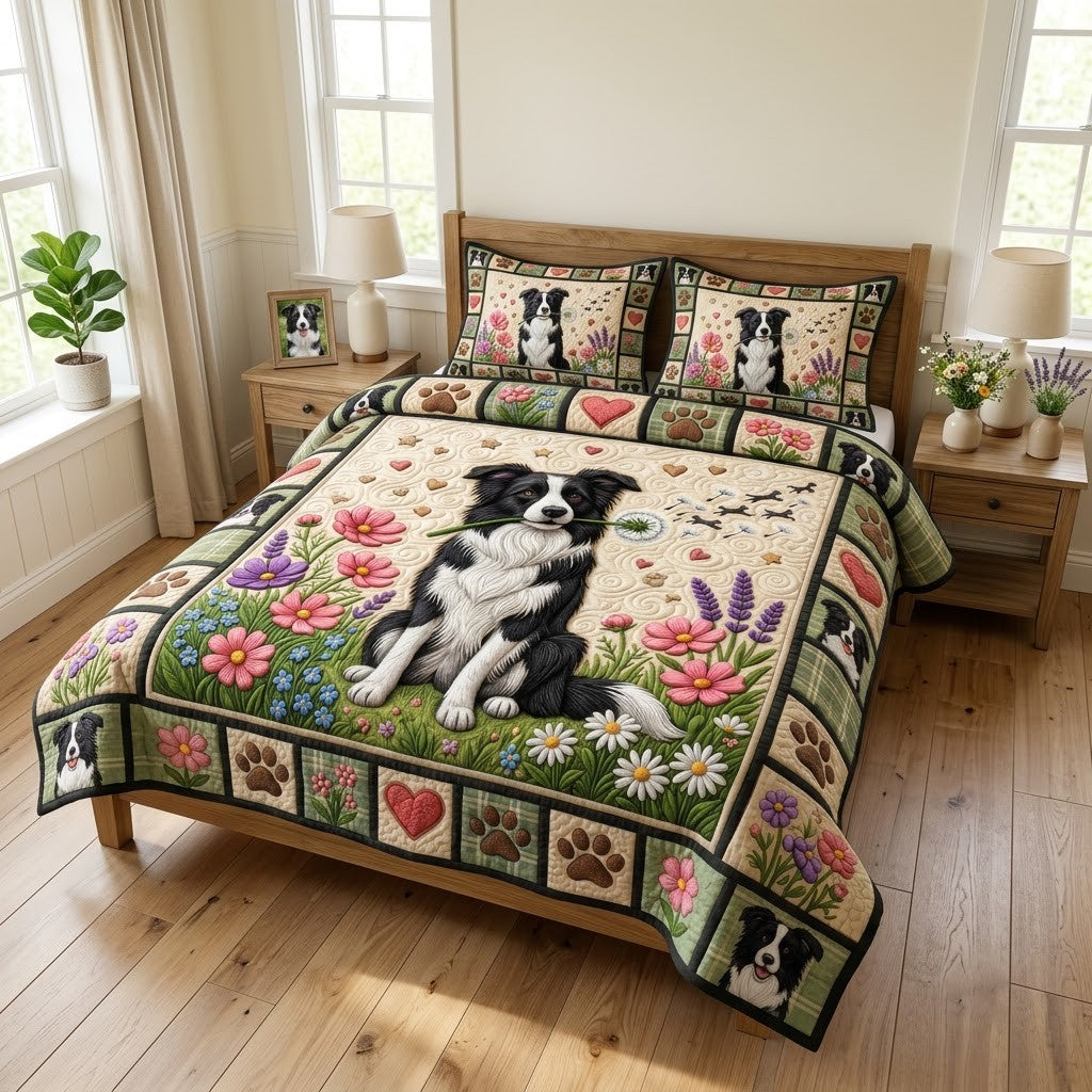 Border Collie 3-Piece Quilted Bedding Set GFTONMU1862