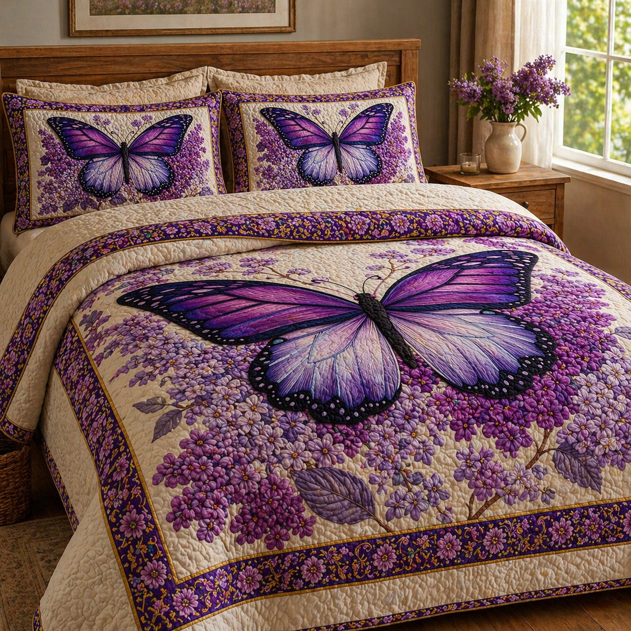 Lavender Butterfly Dream 3-Piece Quilted Bedding Set GFTOHD14036