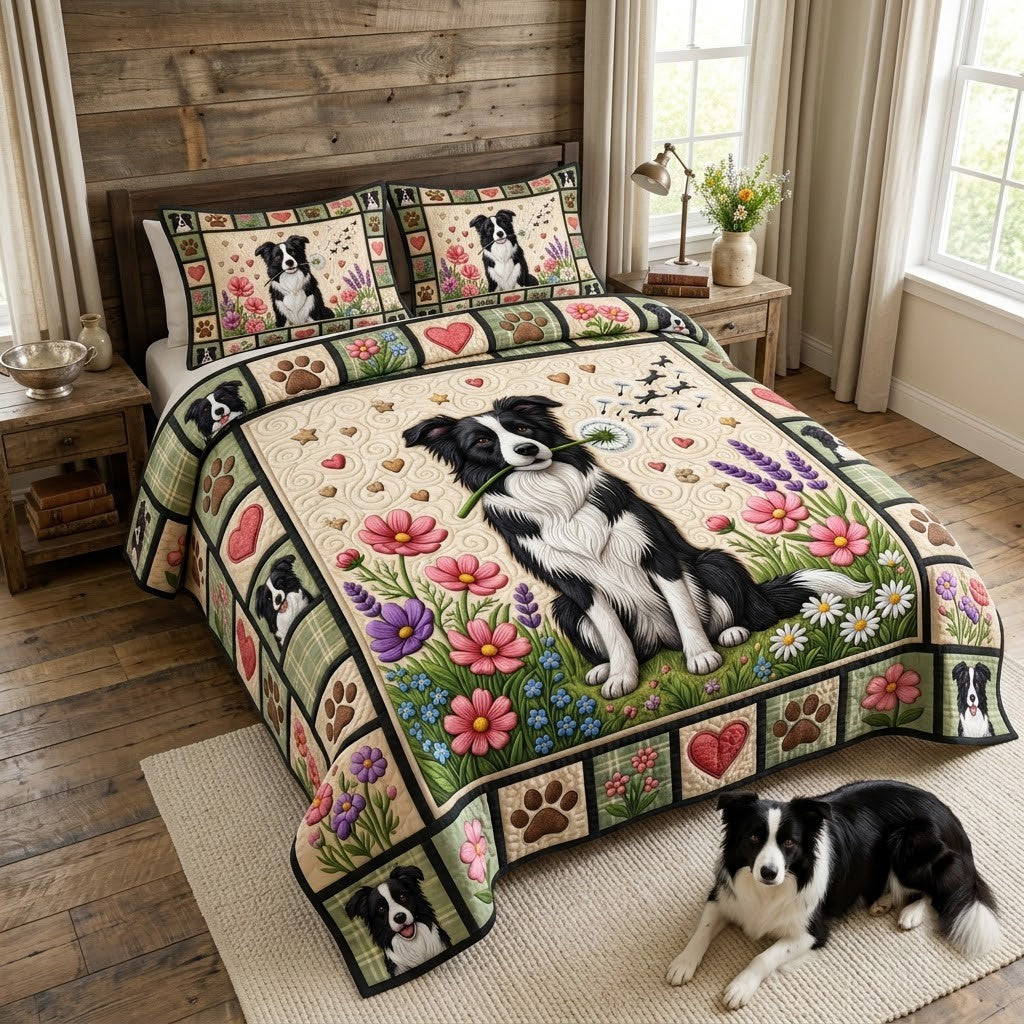 Border Collie 3-Piece Quilted Bedding Set GFTONMU1862