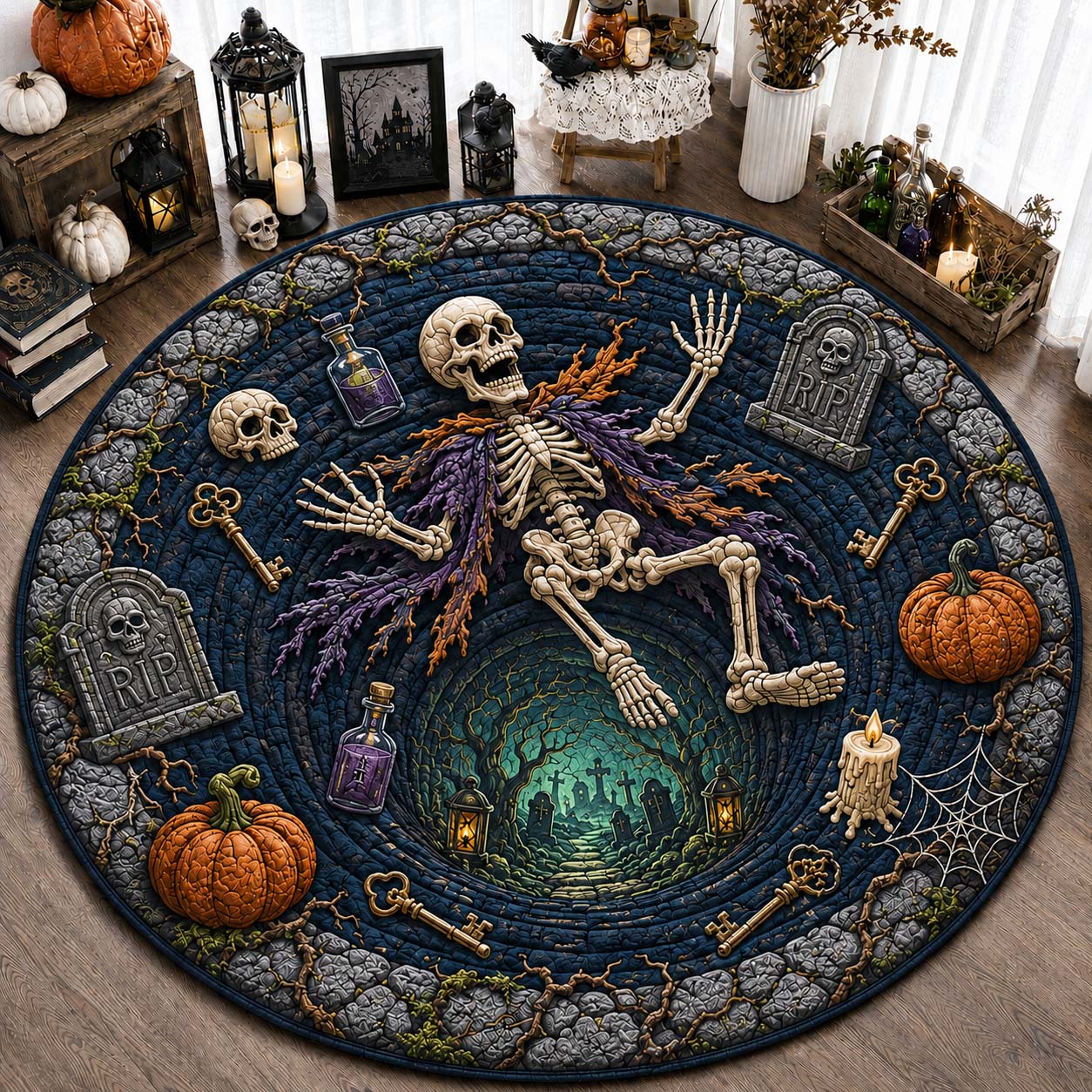 Haunted Skeleton Vortex Qulited Round Mat GDTONTD1052