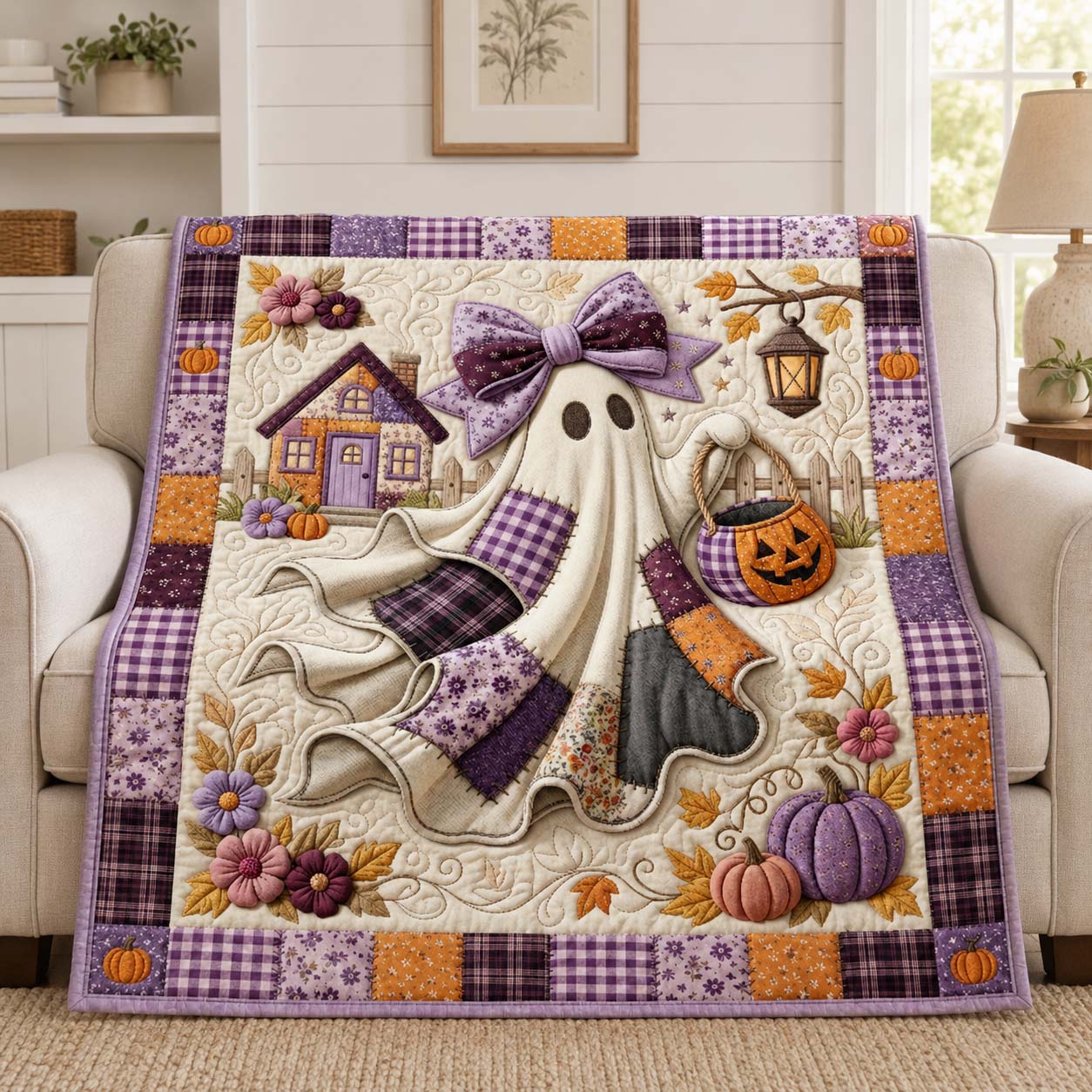 Purple Pumpkin Ghost Quilted Blanket GDTONTD1105