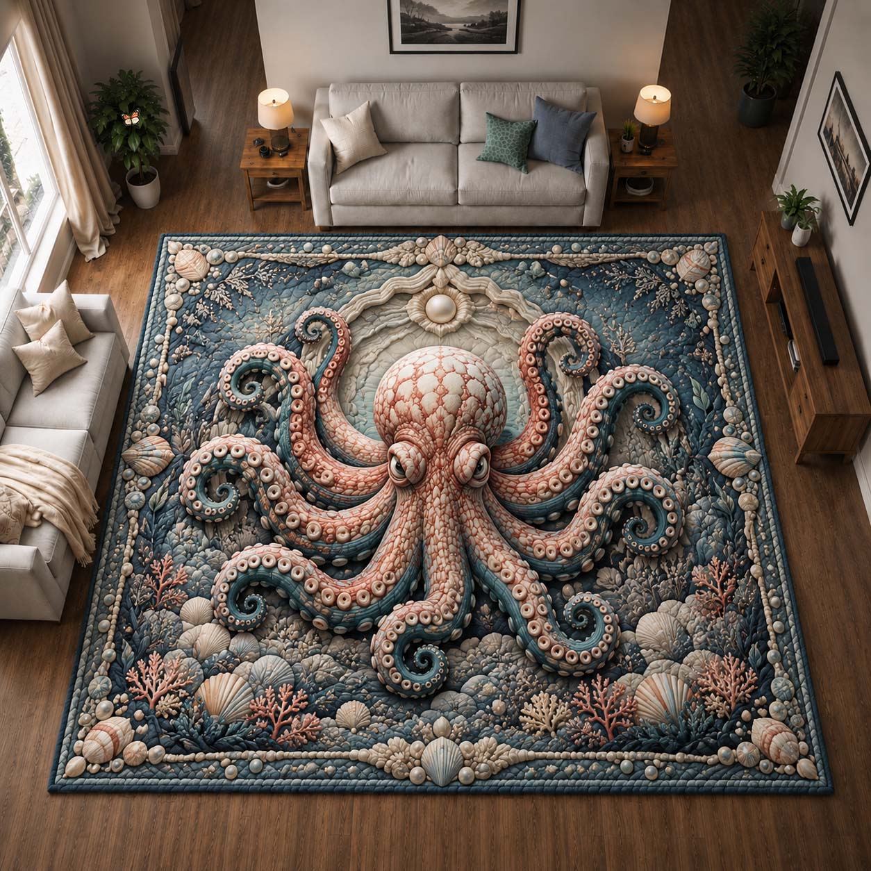 Pearl Reef Octopus Area Rug GDTONTD1176