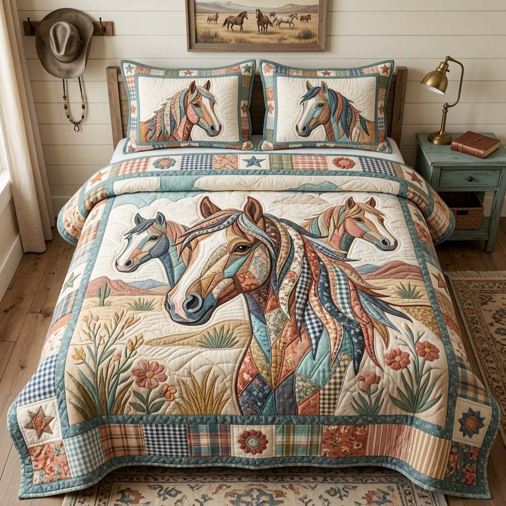 Patchwork Horse Dream 3-Piece Quilted Bedding Set GDTONTD1208