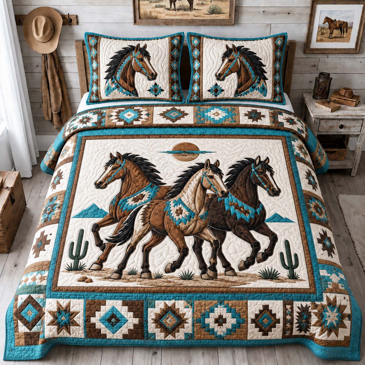 Turquoise Horse Spirit 3-Piece Quilted Bedding Set GDTONTD1209