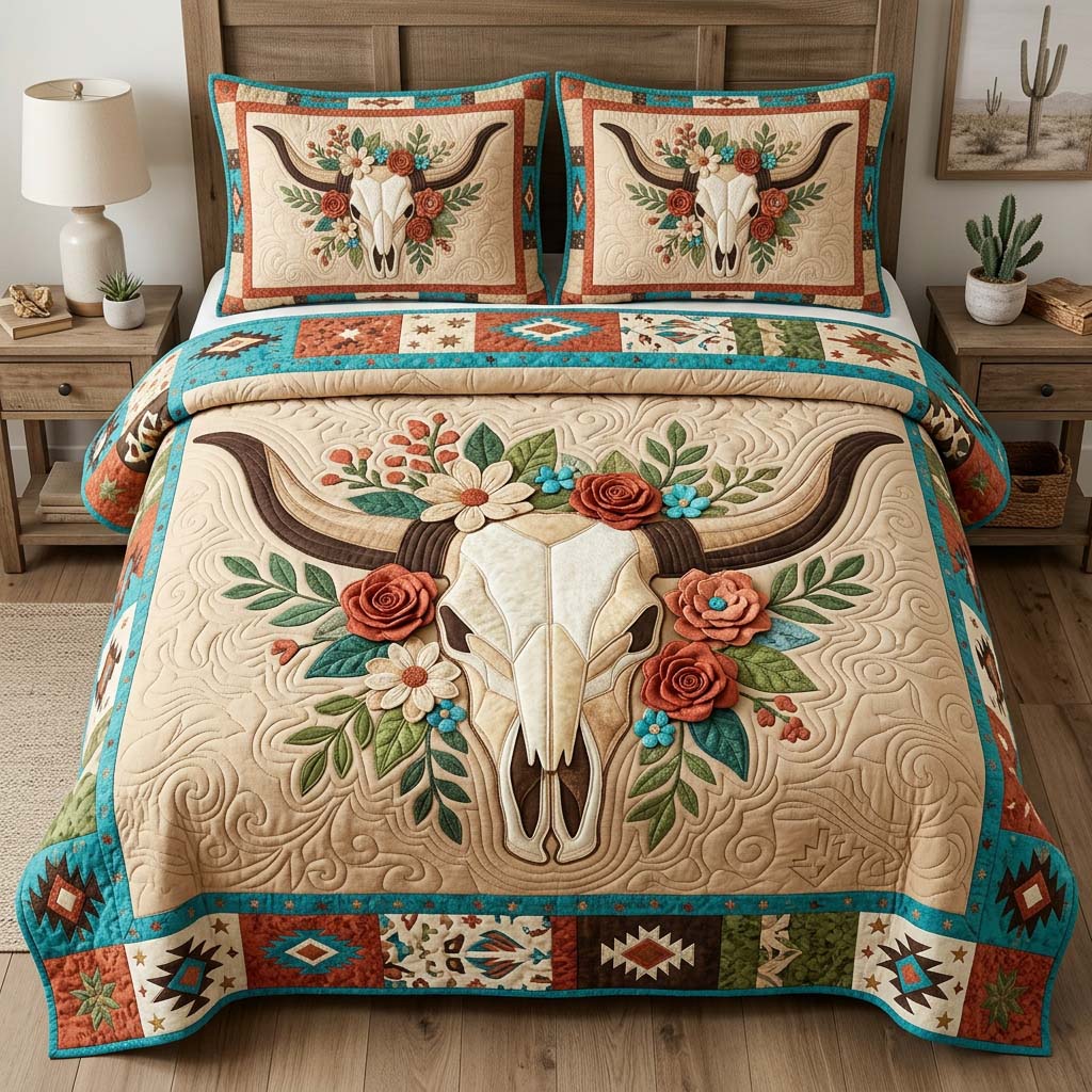Desert Bloom Skull 3-Piece Quilted Bedding Set GDTONTD1210