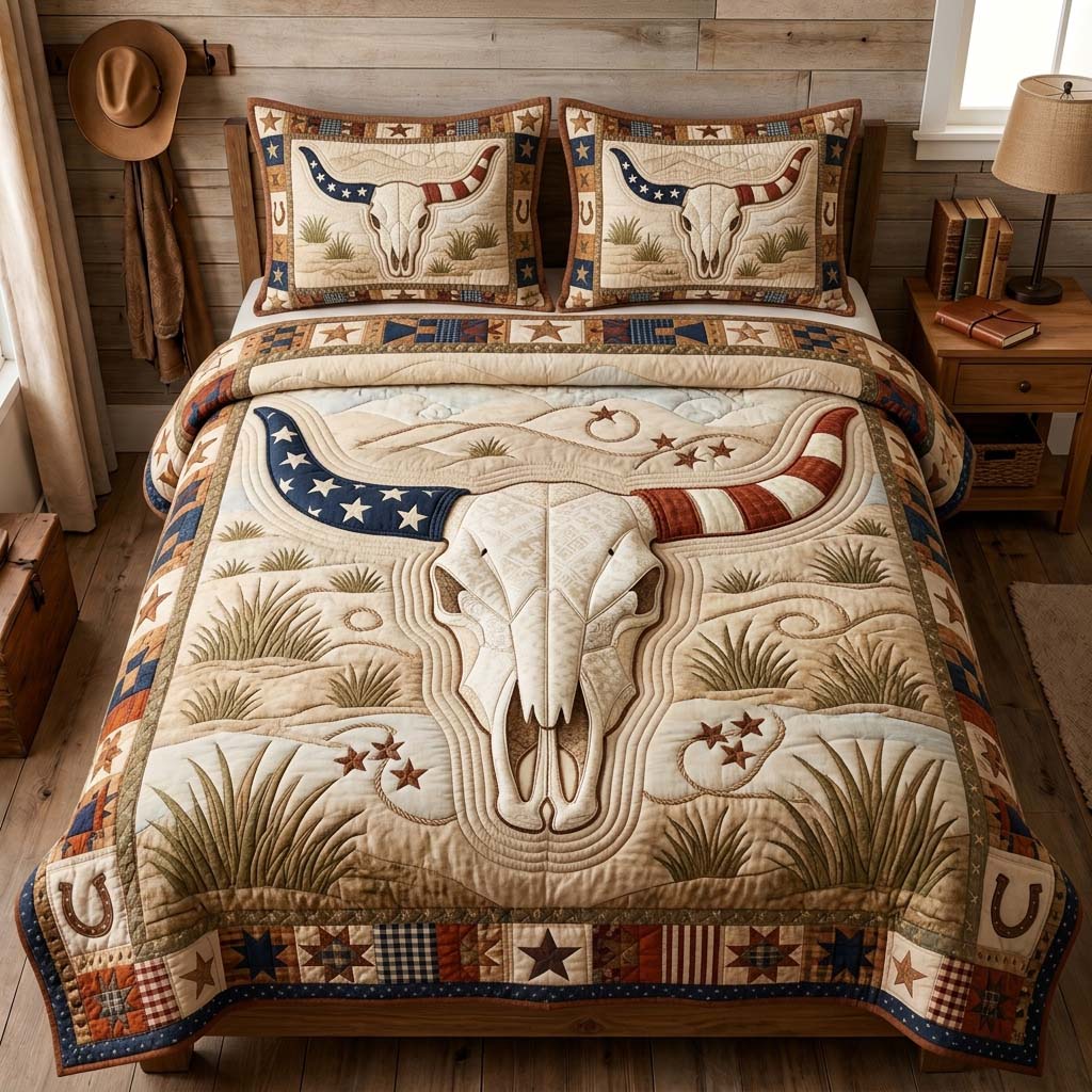 Patriotic Longhorn 3-Piece Quilted Bedding Set GDTONTD1211
