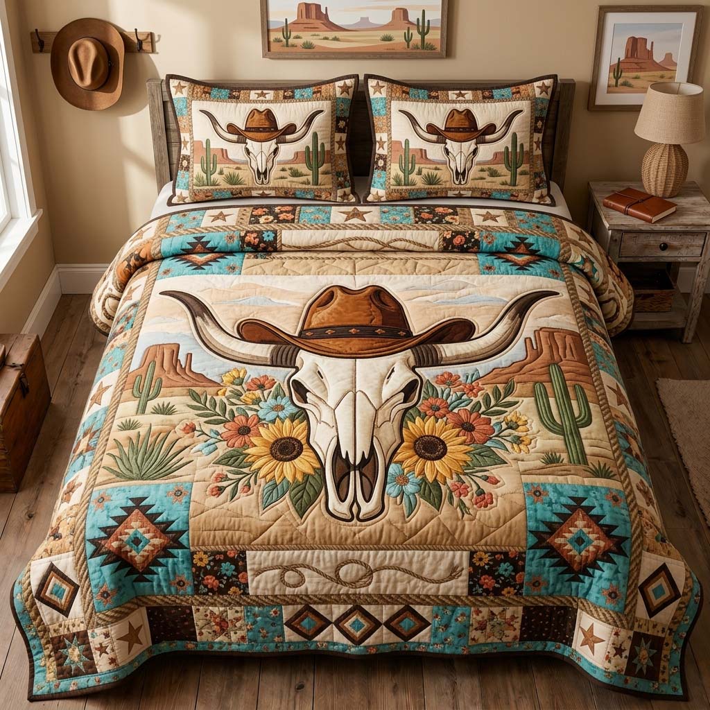 Cowboy Desert Skull 3-Piece Quilted Bedding Set GDTONTD1212