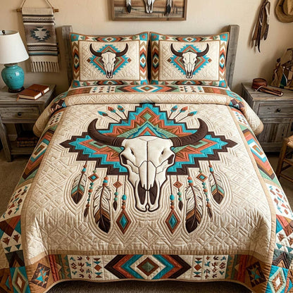 Turquoise Spirit Skull 3-Piece Quilted Bedding Set GDTONTD1213