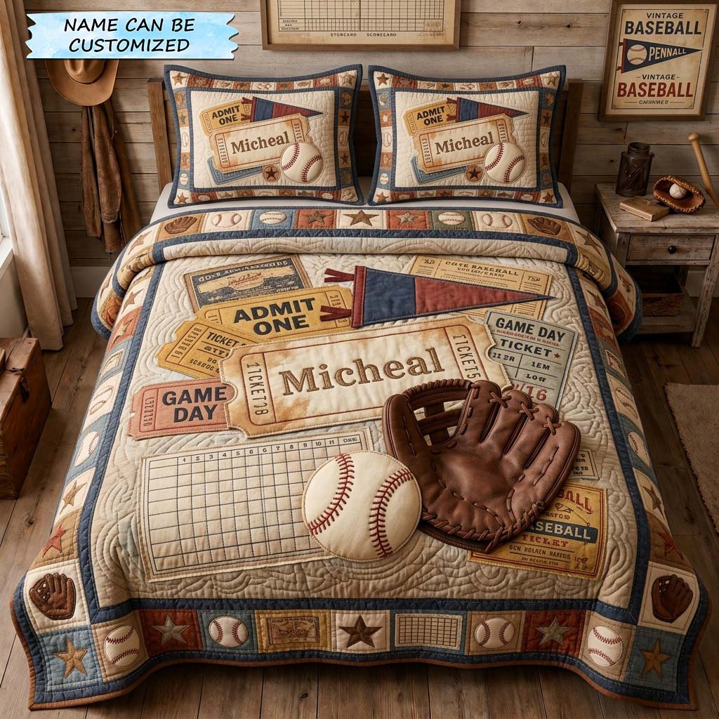 Vintage Ticket Collage 3-Piece Quilted Bedding Set QTCUZ GDTONTD1239
