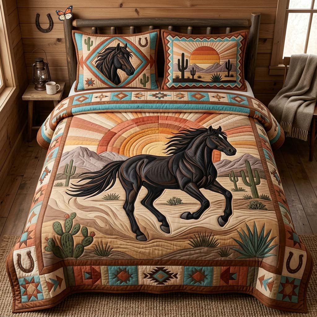 Midnight Desert Horse 3-Piece Quilted Bedding Set GDTONTD1314