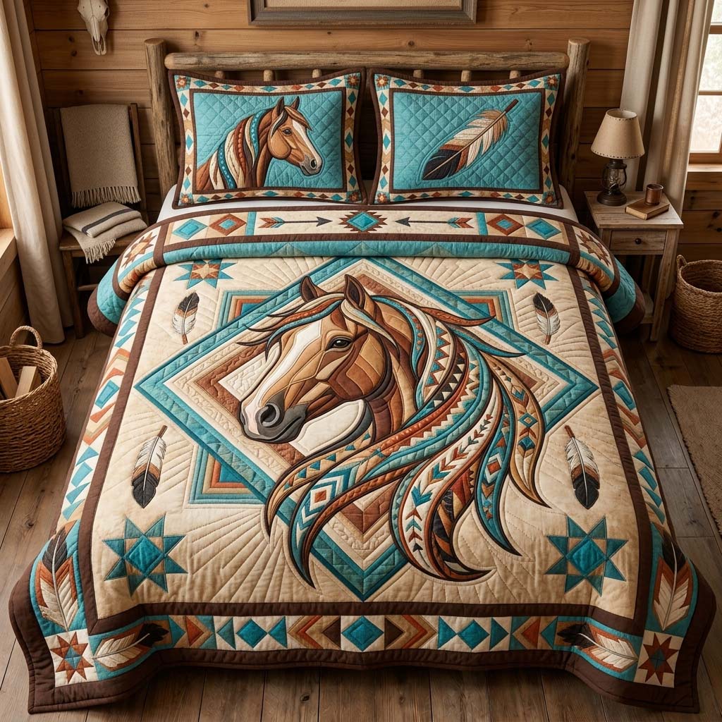 Turquoise Mane Horse 3-Piece Quilted Bedding Set GDTONTD1315