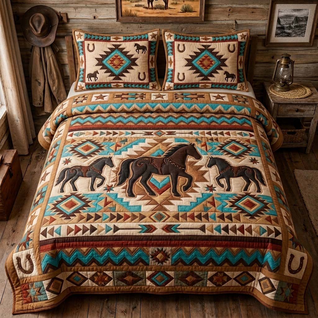 Tribal Horse Herd 3-Piece Quilted Bedding Set GDTONTD1319