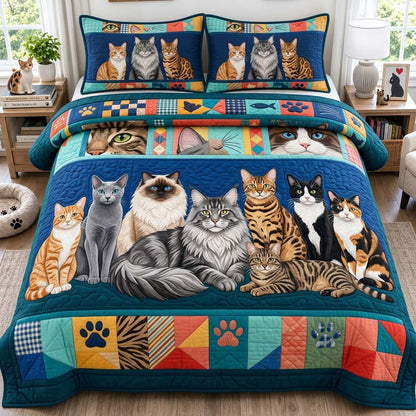 Cat Family 3-Piece Quilted Bedding Set GDTONTD1433