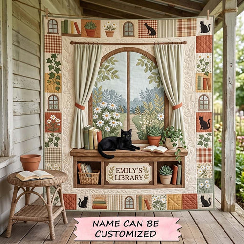 Window Library Cat Quilted Blanket QTCUZ GDTONTD1455