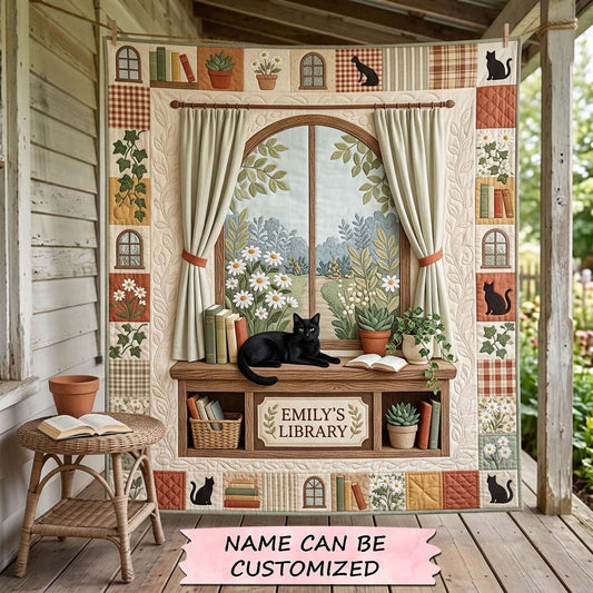 Window Library Cat Quilted Blanket QTCUZ GDTONTD1455