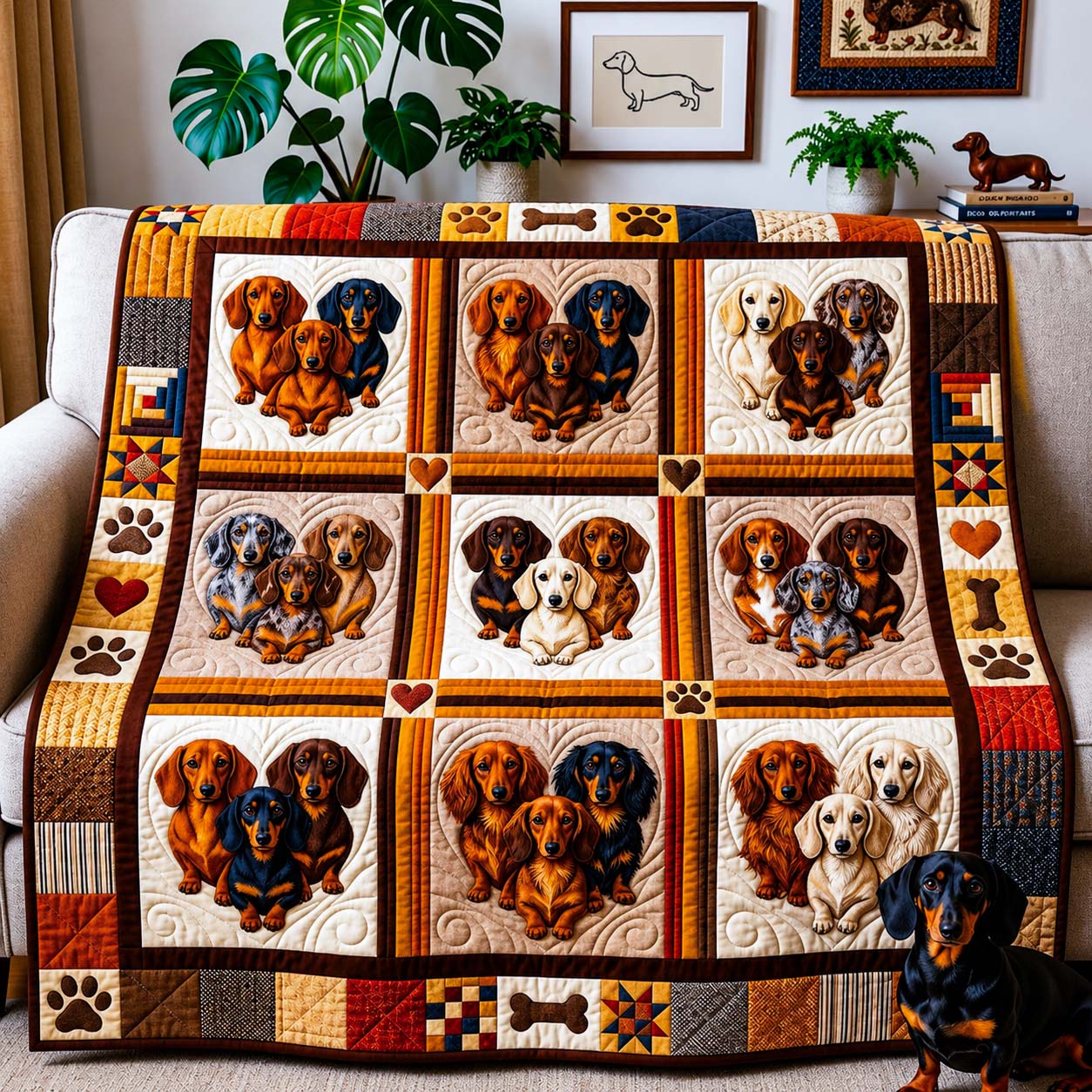 Dachshund Family Portrait Quilted Blanket GDTONTD1541