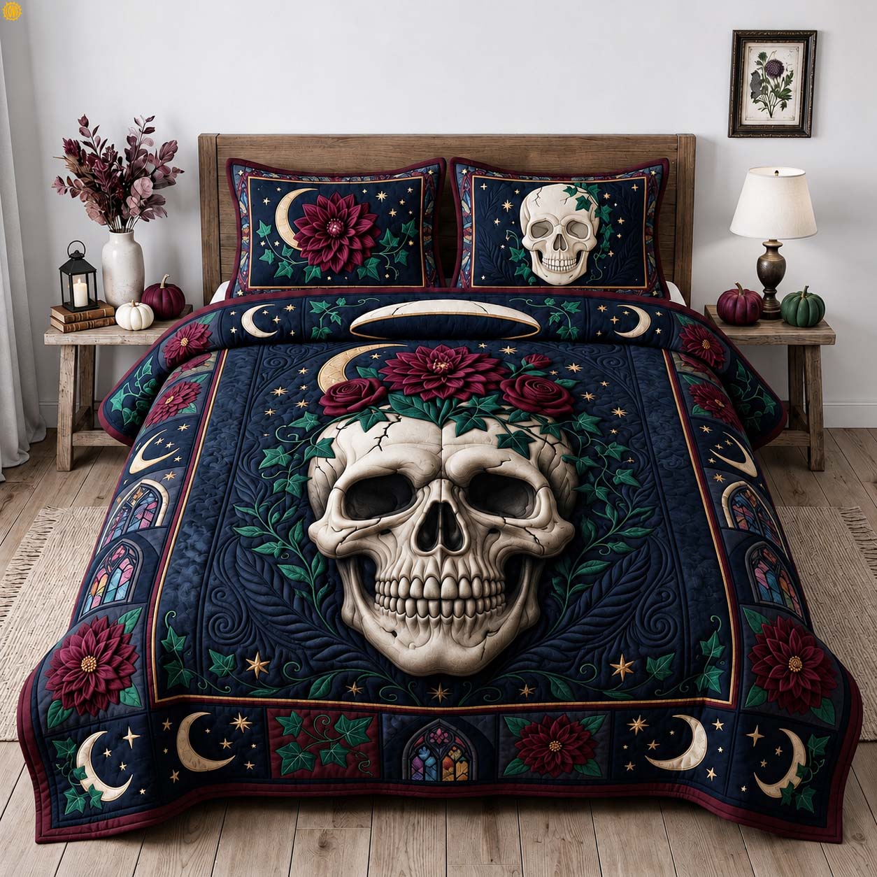 Gothic Floral Skull 3-Piece Quilted Bedding Set GDTONTD1559