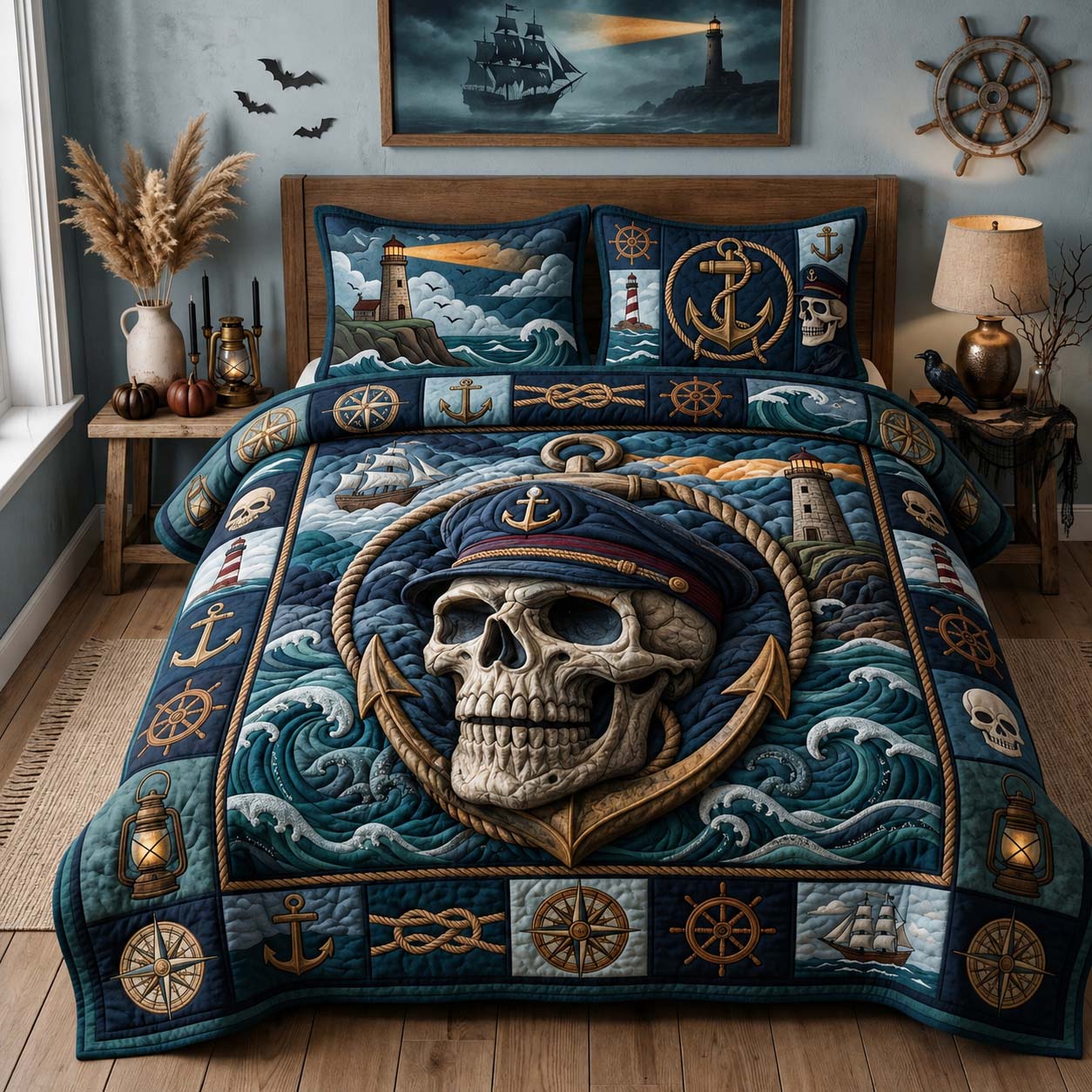 Haunted Sailor Skull 3-Piece Quilted Bedding Set GDTONTD1562