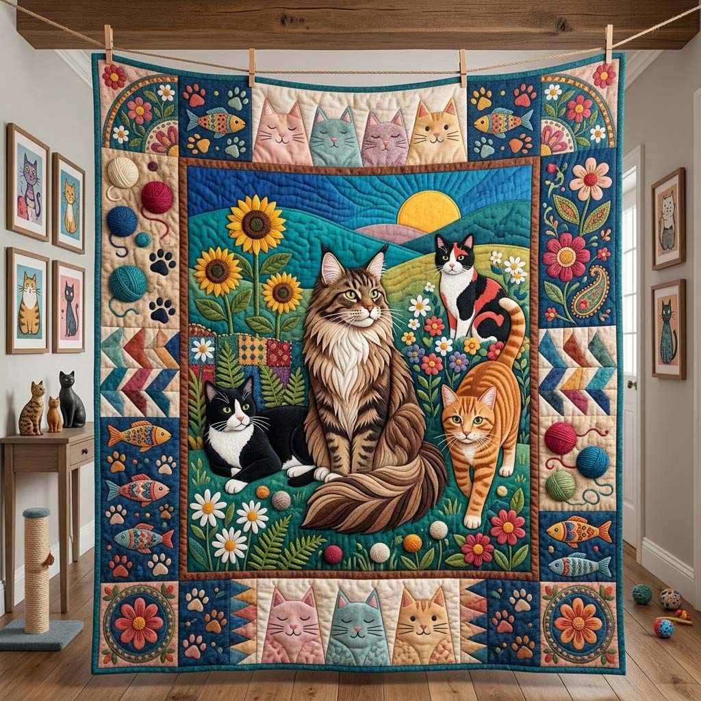 Sunlit Folk Cat Gathering Qulited Blanket GDTONTD1696