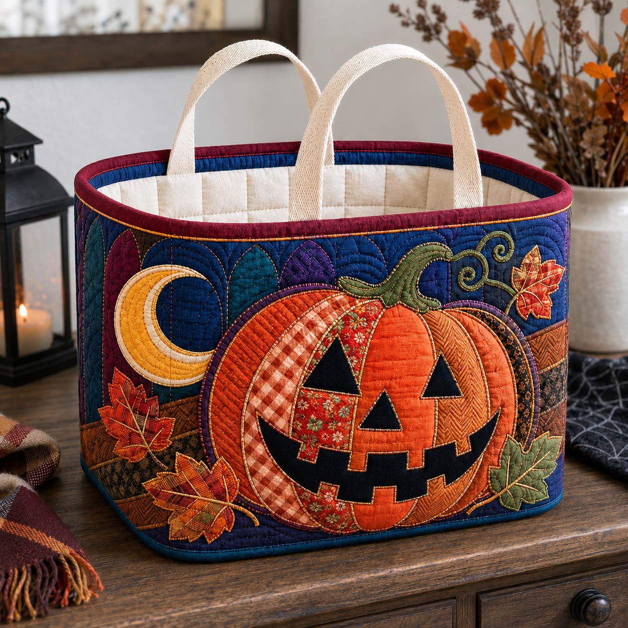Moonlit Patchwork Pumpkin Vigil Quilted Storage Basket GDTONTD1780