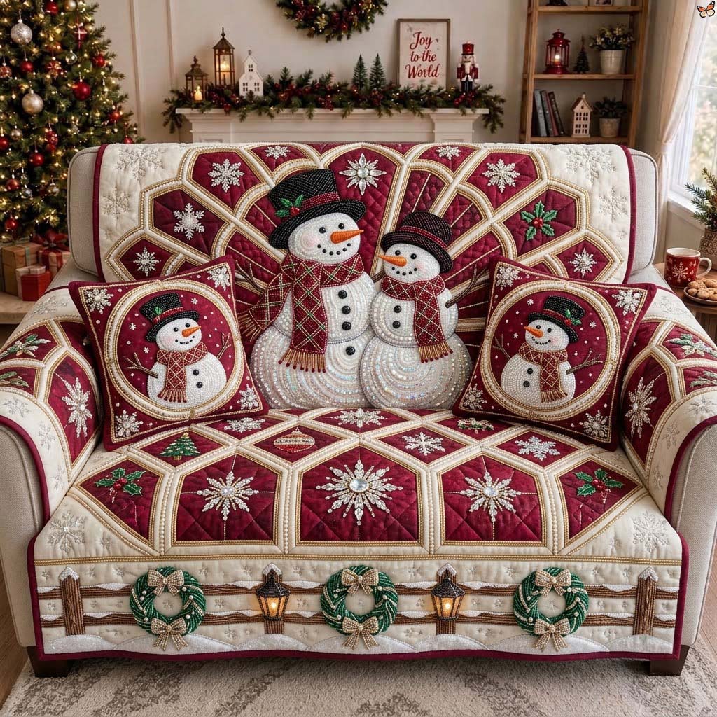 Cranberry Cathedral Snowmen Quilted Sofa Cover GDTONTD1950