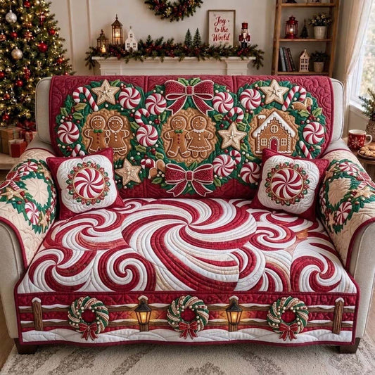 Pearl Peppermint Gingerbread Wreath Quilted Sofa Cover GDTONTD1961