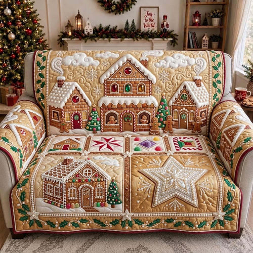 Golden Gingerbread Candy Village Quilted Sofa Cover GDTONTD1962