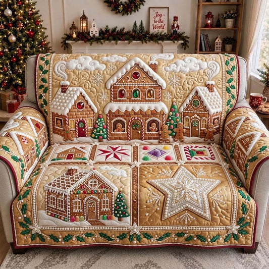 Golden Gingerbread Candy Village Quilted Sofa Cover GDTONTD1962