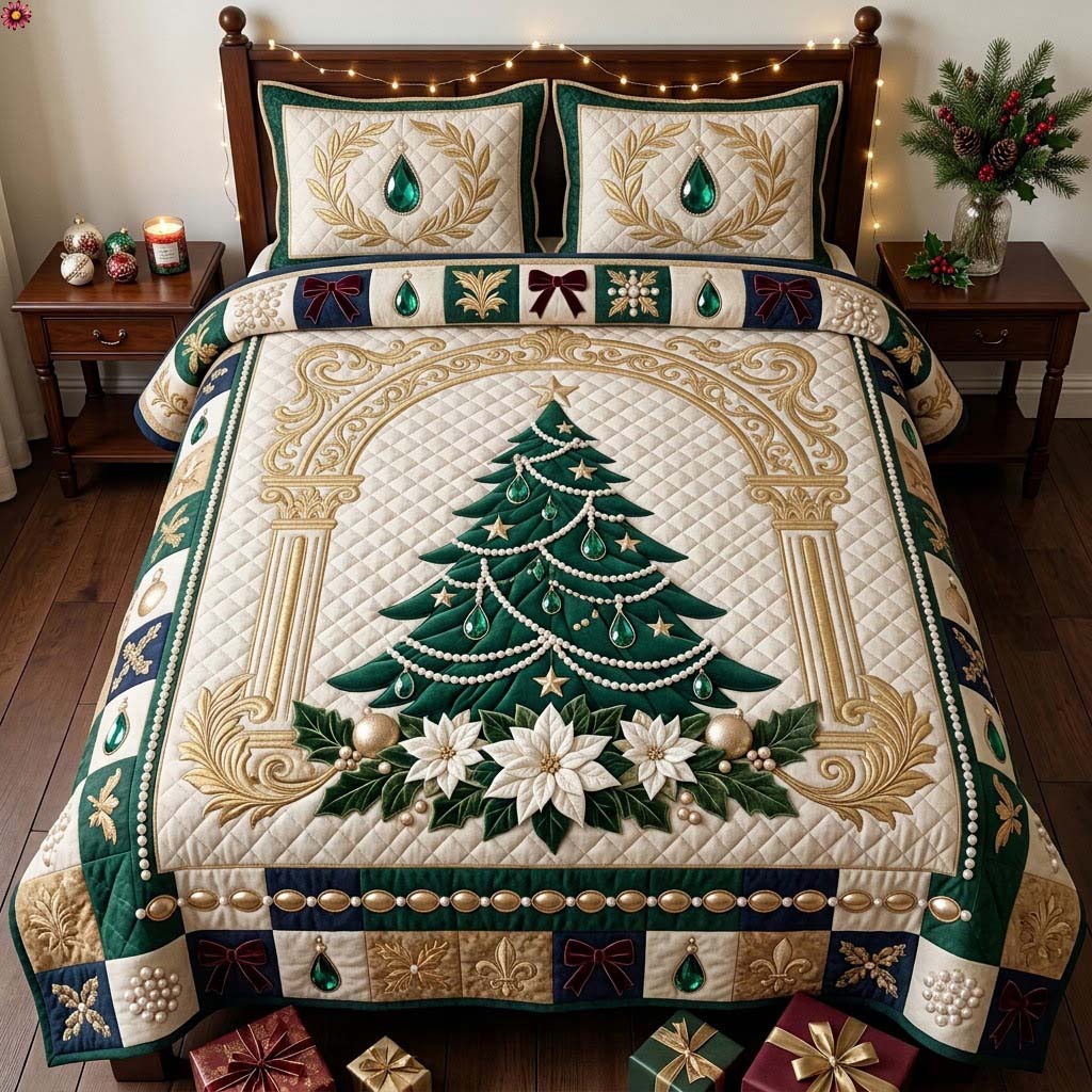 Emerald Pearl Christmas Tree 3-Piece Quilted Bedding Set GDTONTD1976