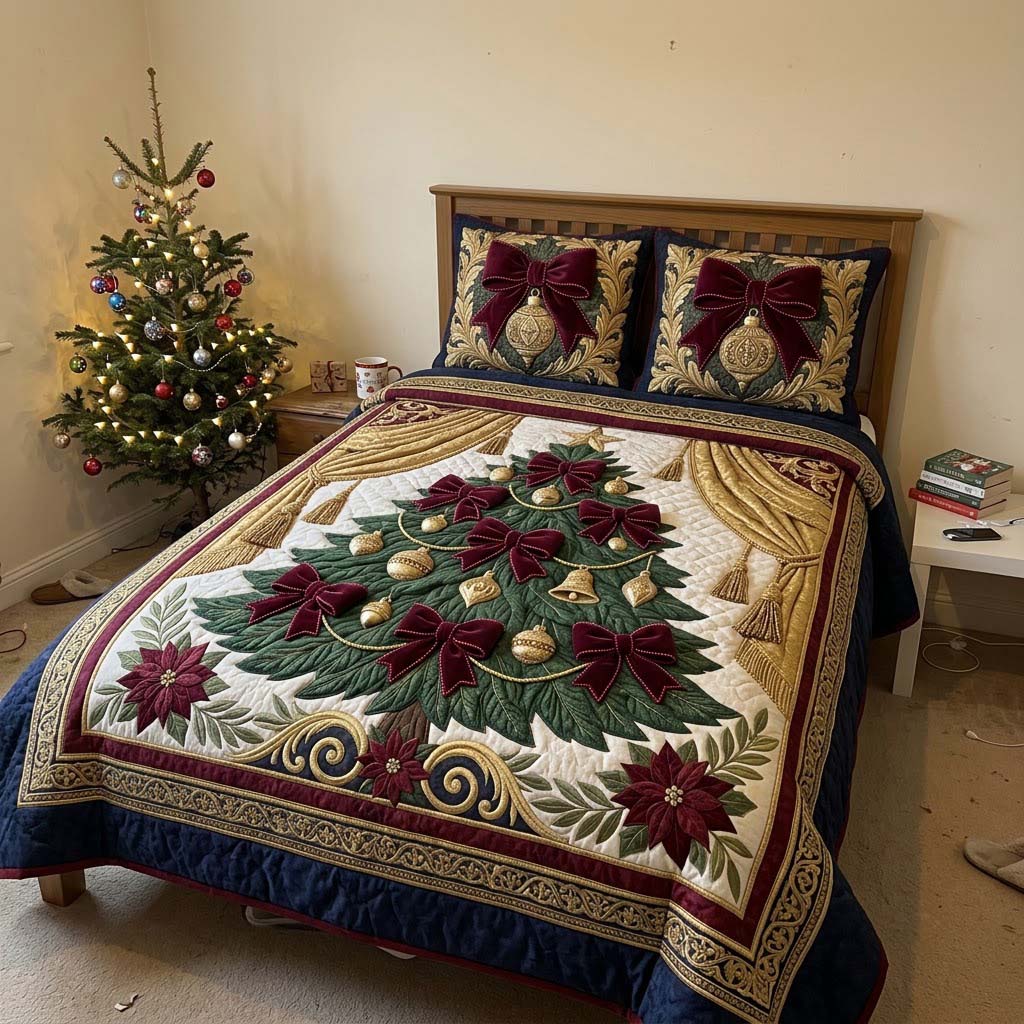 Burgundy Victorian Christmas Tree 3-Piece Quilted Bedding Set GDTONTD1977