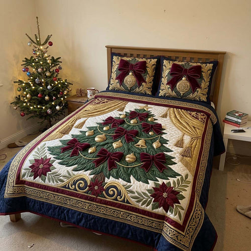 Burgundy Victorian Christmas Tree 3-Piece Quilted Bedding Set GDTONTD1977