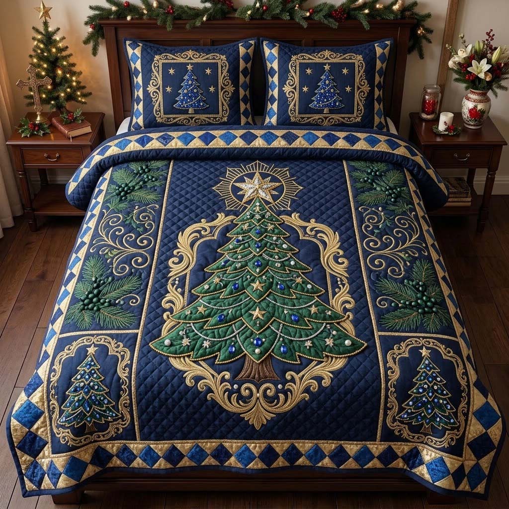 Sapphire Jeweled Christmas Tree 3-Piece Quilted Bedding Set GDTONTD1978