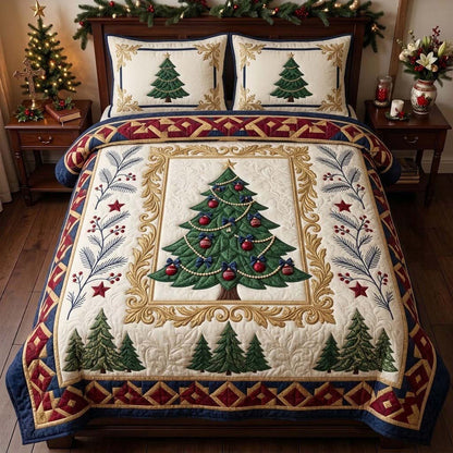 Ivory Victorian Christmas Tree 3-Piece Quilted Bedding Set GDTONTD1980