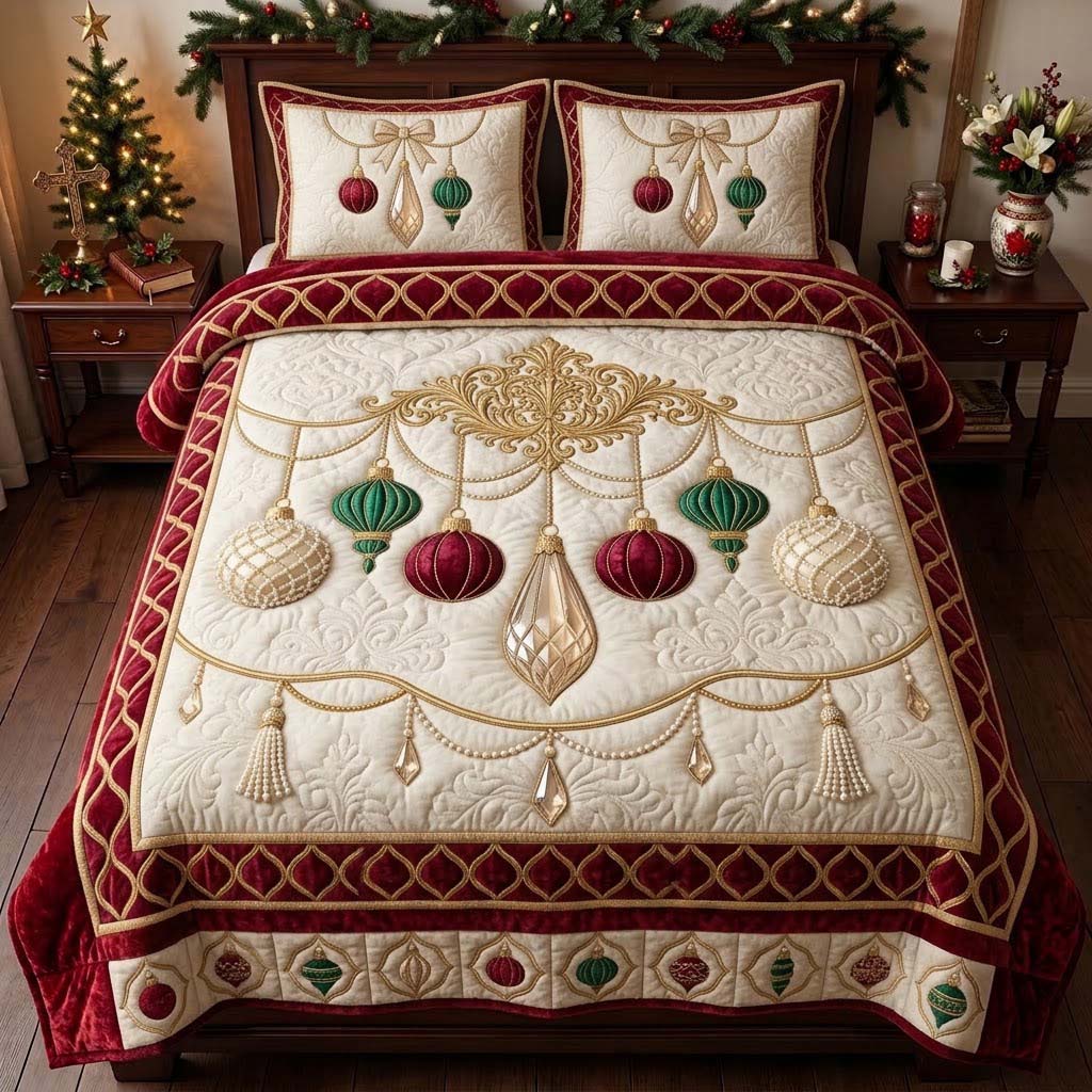 Champagne Ornament Chandelier 3-Piece Quilted Bedding Set GDTONTD1983
