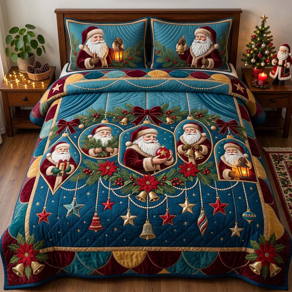 Garland of Santa Portraits 3-Piece Quilted Bedding Set GDTONTD1990
