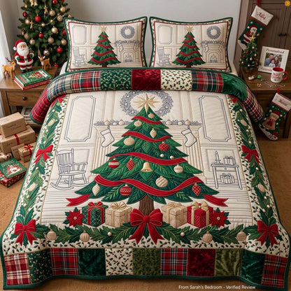 Jeweled Ribbon Fireplace Tree 3-Piece Quilted Bedding Set GDTONTD2009