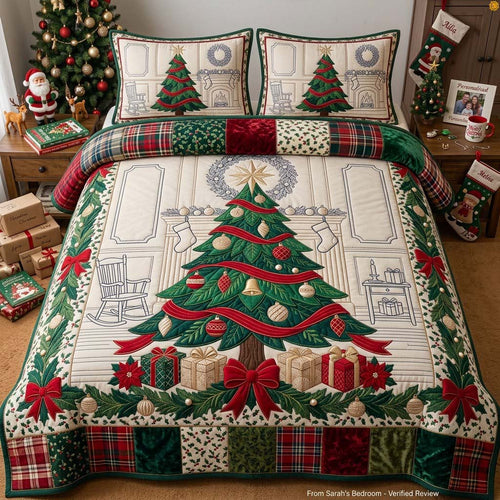 Jeweled Ribbon Fireplace Tree 3-Piece Quilted Bedding Set GDTONTD2009