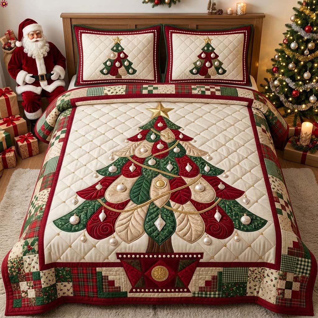 Grand Pearl Ornament Tree 3-Piece Quilted Bedding Set GDTONTD2010