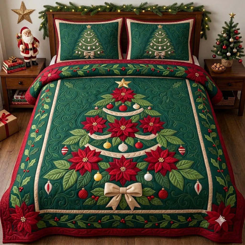Ruby Poinsettia Christmas Tree 3-Piece Quilted Bedding Set GDTONTD2011