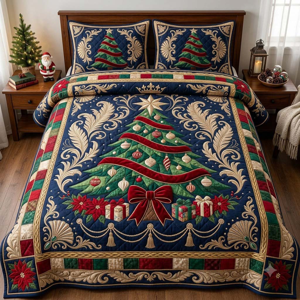 Royal Ruby Ribbon Tree 3-Piece Quilted Bedding Set GDTONTD2012