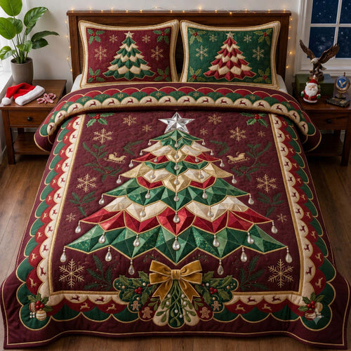 Ruby Poinsettia Christmas Tree 3-Piece Quilted Bedding Set GDTONTD2013